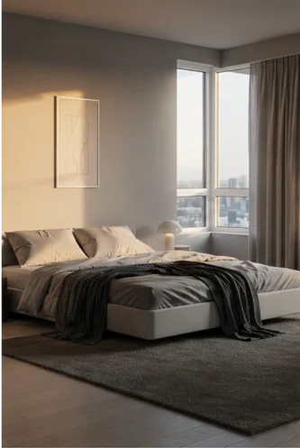 Bedroom of a luxury apartment with city views