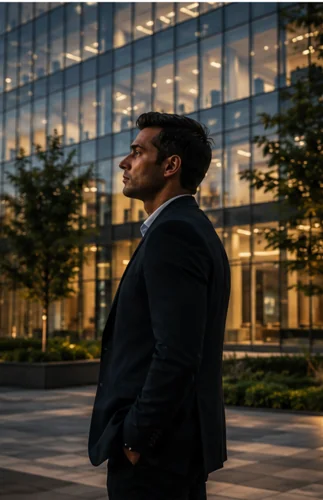 Client outside a premium office building at dusk