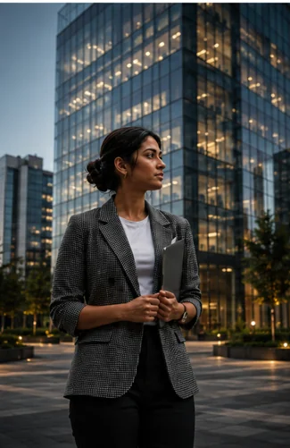Property advisor outside a modern Mumbai office tower