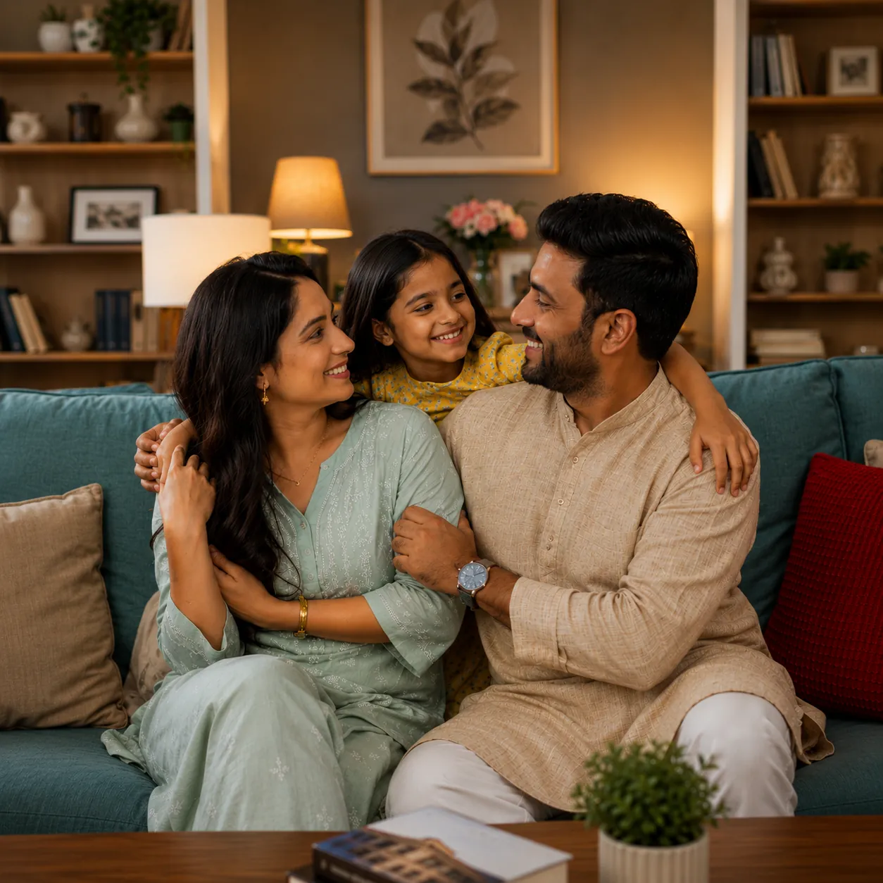 Family at home in their new Mumbai apartment